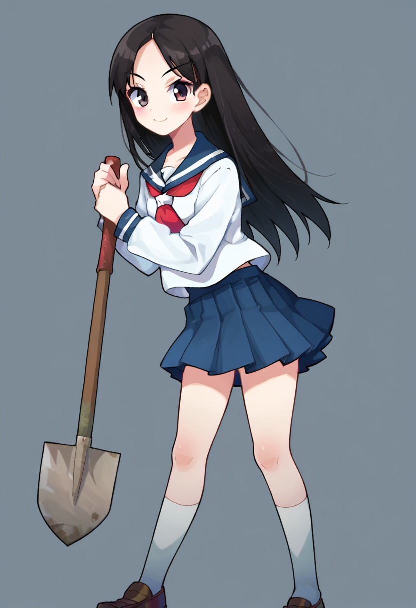 score_9, score_8, score_7, source_anime, kitsu chiri, 1girl, solo, school uniform, serafuku, skirt, socks, blush, looking at viewer, shovel, smile