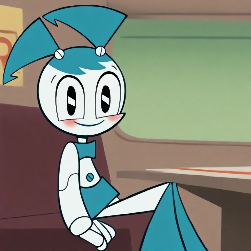 anime screencap, 2000s \(style)\, 1girl, Jenny_XJ9, jenny wakeman, robot, robot joints, black eyes, twintails, android, blue hair, joints, tank top, skirt, sitting in a restaurant booth, looking at side, blush, shy smile, detailed background, restaurant background