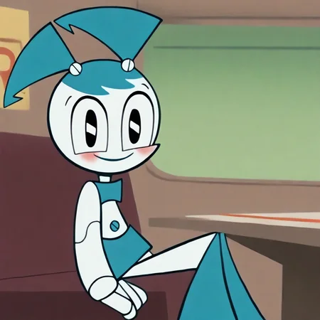anime screencap, 2000s \(style)\, 1girl, Jenny_XJ9, jenny wakeman, robot, robot joints, black eyes, twintails, android, blue hair, joints, tank top, skirt, sitting in a restaurant booth, looking at side, blush, shy smile, detailed background, restaurant background