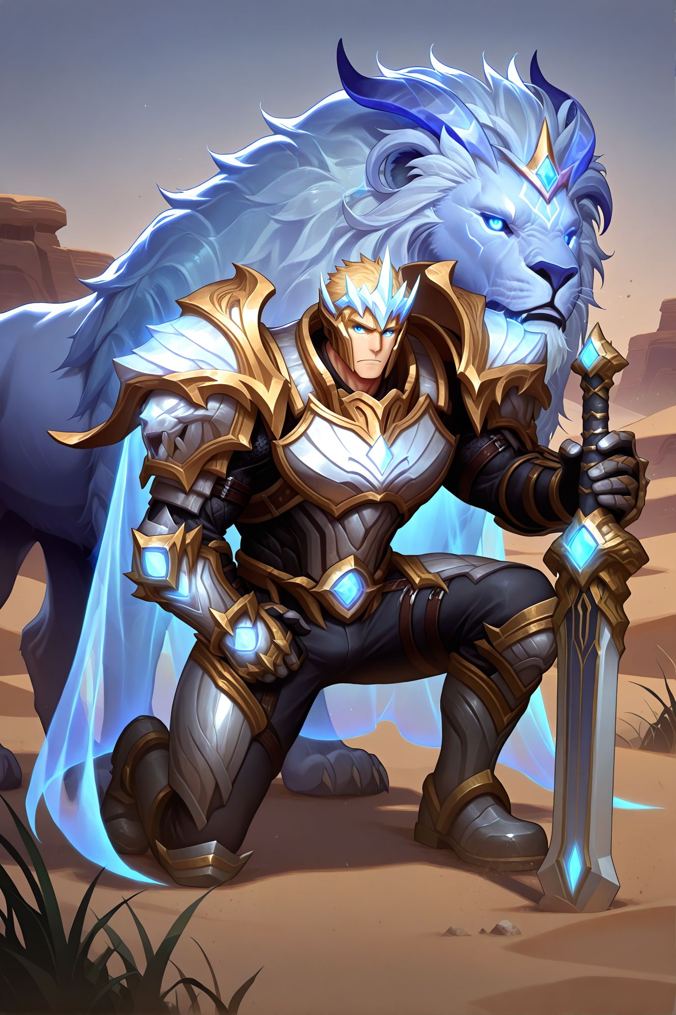 1boy,blue eyes,glowing eyes,blonde hair,muscular male,mature male,bara,full body,BREAK
(masterpiece, best quality, high quality, absurdres, high detail),(1boy,solo,mature male) BREAK
on one knee,outdoors,desert,gauntlets,planted sword,
god-king_garen,god-king armor,god-king helmet,shoulder armor,gauntlets,transparent cape,armor,cape,helmet,boots,looking at viewer,
animal,blue lion,transparent lion,lion in background,
<lora:hand 5.5:1>,<lora:add-detail-xl:1>,<lora:4k:1>,<lora:god-king__garen:0.8>,<lora:sn0w:1>,, <lora:Expressive:0.8>,