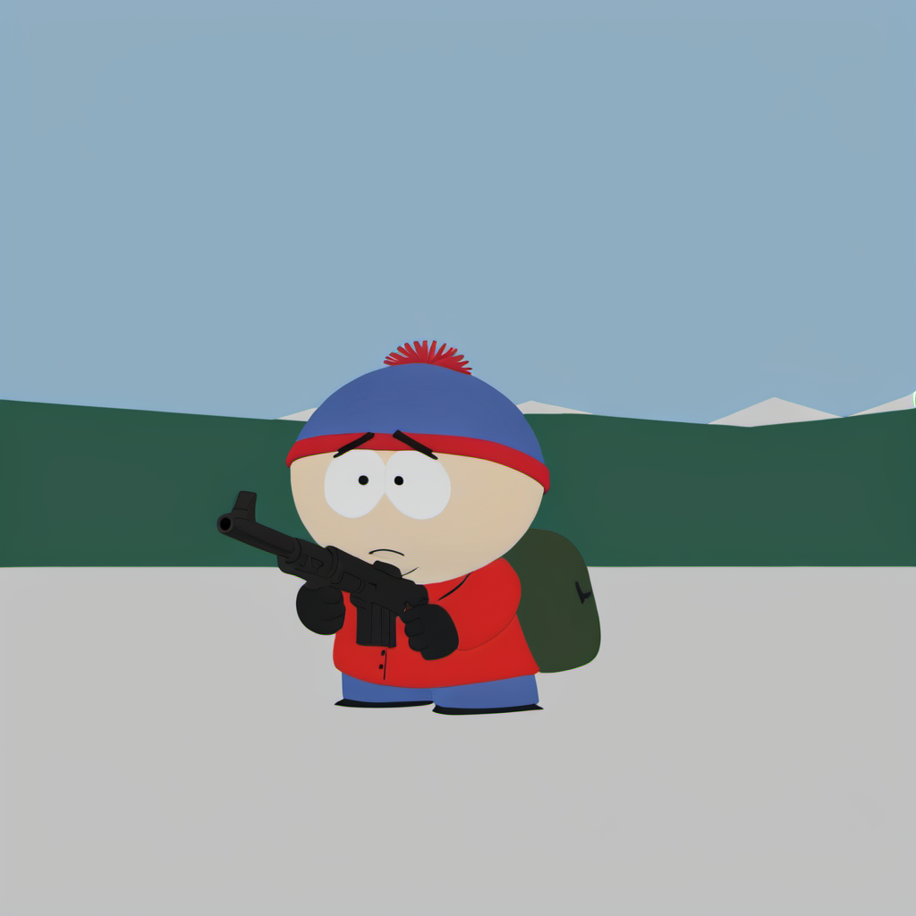 Stan Marsh firing a machinegun, school <lora:SouthPark3D1024-000315:0.8>