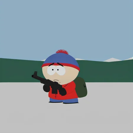 Stan Marsh firing a machinegun, school <lora:SouthPark3D1024-000315:0.8>