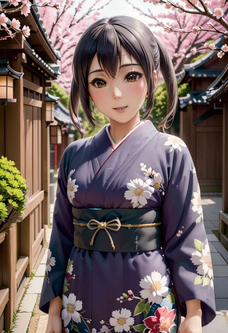 wide angle shot, 1 girl, nakano azusa, fully clothed, colourful kimono with flowers design, perfect face, black eyes, black hair, show top of head, pigtails hair, blushing, smiling, outside, in the street of old japanese city, small breasts, sakura tress in bloom everywhere, <lora:azusa_xl_rev3:0>, <lora:add-detail-xl:1>, OverallDetail, fFaceDetail, EyeDetail, Painstaking Attention To Details, art by mooncryptowow,