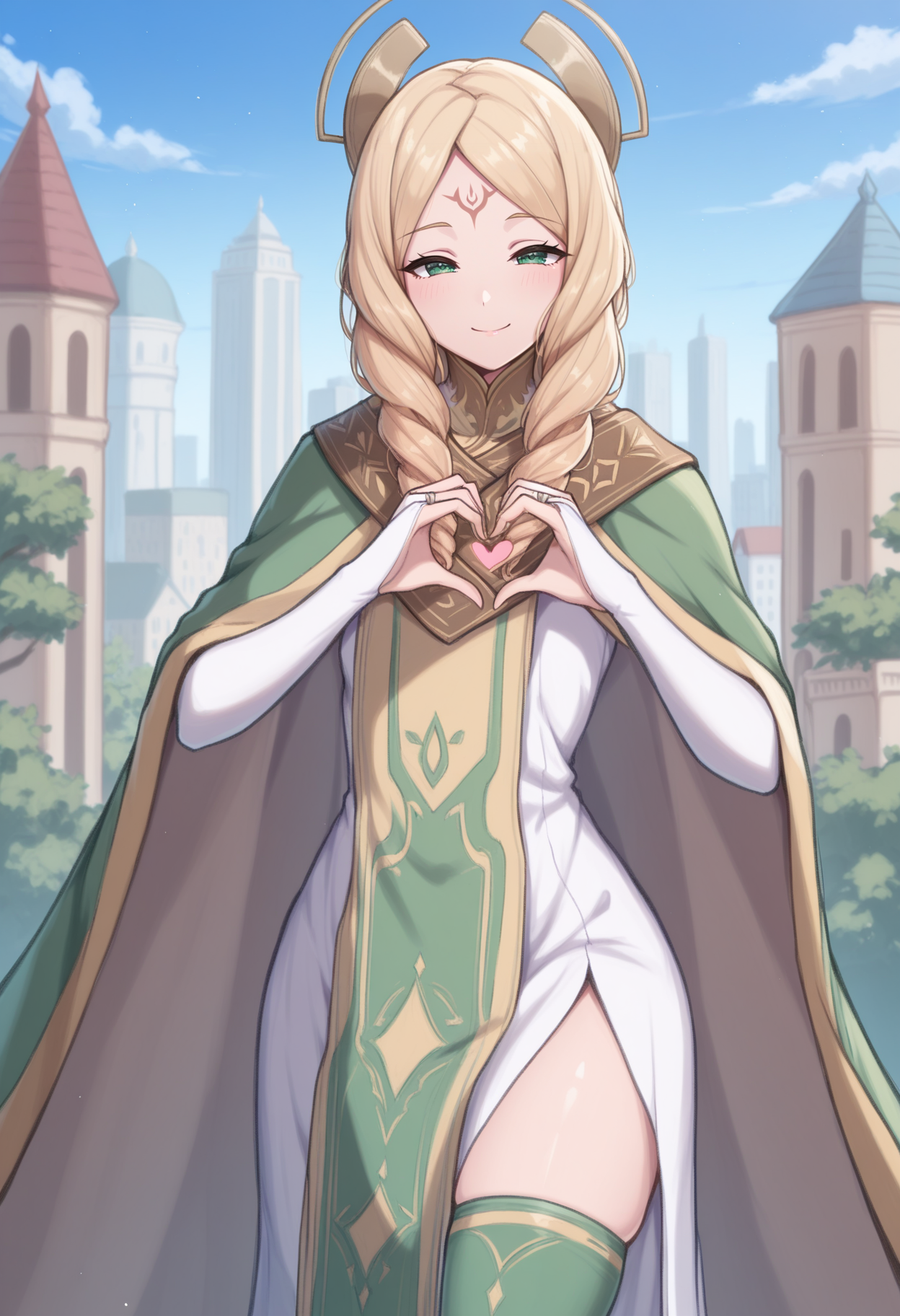 masterpiece, best quality,  <lora:NSEmmerynAwoke:1> NSEmmerynAwoke, blonde hair, green eyes, long hair, forehead mark, drill hair, hair ornament, cloak, white dress, high collar, side slit, tabard, bridal gauntlets, white gloves, green thighhighs, heart-hands, smile, cowboy shot, looking at viewer, outdoors, city