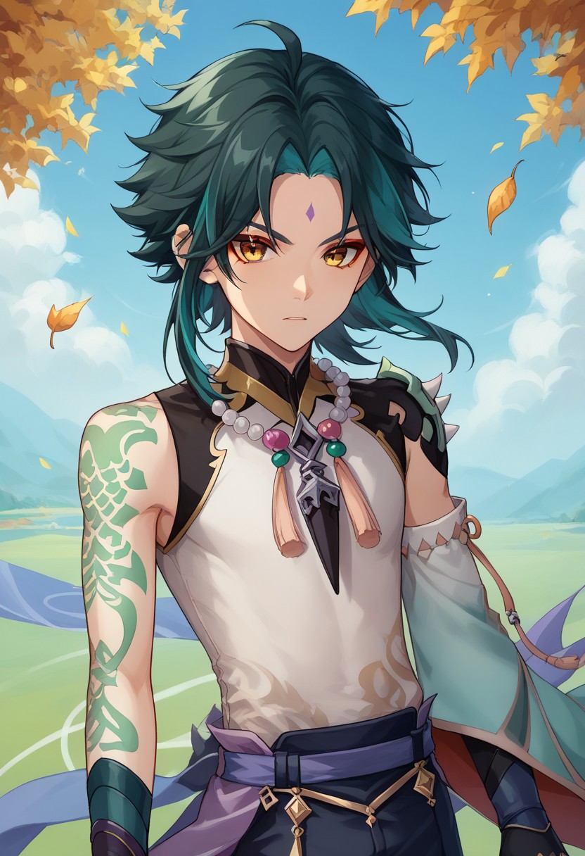 score_9, score_8_up, score_7_up, source_anime, highly detailed, 
xiao, 1boy, male focus, solo, green hair, black hair, two-tone hair, ahoge, yellow eyes, facial mark, forehead mark, bangs, shirt, white shirt, sleeveless, single detached sleeve, shoulder armor, shoulder spiked, spiked, tattoo, arm tattoo, jewelry, beads, necklace, bead necklace, tassel, gloves, black gloves, pants,
outdoor, oriental, wind, spell wind spell, loking at viewer, determined, leaves,