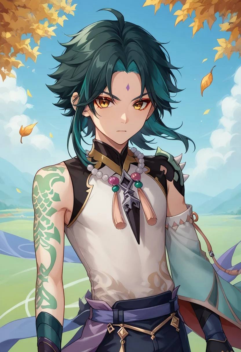 score_9, score_8_up, score_7_up, source_anime, highly detailed,
xiao, 1boy, male focus, solo, green hair, black hair, two-tone hair, ahoge, yellow eyes, facial mark, forehead mark, bangs, shirt, white shirt, sleeveless, single detached sleeve, shoulder armor, shoulder spiked, spiked, tattoo, arm tattoo, jewelry, beads, necklace, bead necklace, tassel, gloves, black gloves, pants,
outdoor, oriental, wind, spell wind spell, loking at viewer, determined, leaves,