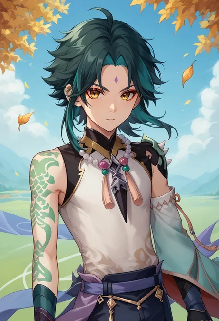 score_9, score_8_up, score_7_up, source_anime, highly detailed,
xiao, 1boy, male focus, solo, green hair, black hair, two-tone hair, ahoge, yellow eyes, facial mark, forehead mark, bangs, shirt, white shirt, sleeveless, single detached sleeve, shoulder armor, shoulder spiked, spiked, tattoo, arm tattoo, jewelry, beads, necklace, bead necklace, tassel, gloves, black gloves, pants,
outdoor, oriental, wind, spell wind spell, loking at viewer, determined, leaves,