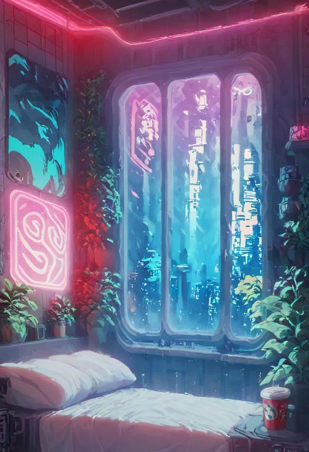 score_9,score_8_up,score_7_up,score_6_up, 
steaming coffee cup on windowsill, plants on the windowsill, wall of plants, monstera plant, large plant, tidy bedrrom, small room, cramped bedroom, teddies on the bed, cyberpunk city view out of the window, neon light, purple neon lights,