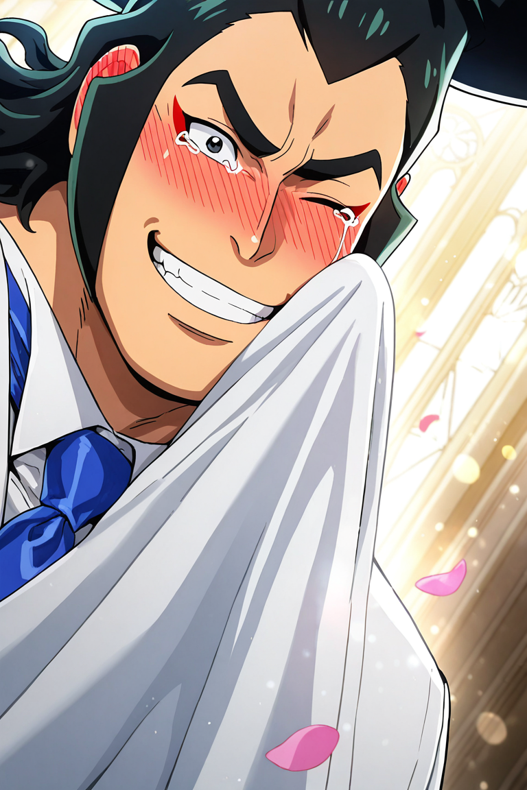 realistic shading, natural lighting, male focus, looking at viewer, expressive happy face, kouzuki oden, black-bluish green_kouzuki oden_male long hair, black_kouzuki oden_eyes, red_kouzuki oden_makeup, 1boy, one eye closed, nose blush, ear blush, blushing, crying, one hand wiping tear, teeth, grinning, shiny skin, groom cosplay, white formal suit, romantic, indoor church, wedding, bokeh, floating petals, sunray, centered, dynamic angle, dynamic action, atmospheric perspective, cinematic, intricately detailed illustration, depth of field, masterpiece, best quality, amazing quality, very aesthetic, absurdres, newest, anime screencap
