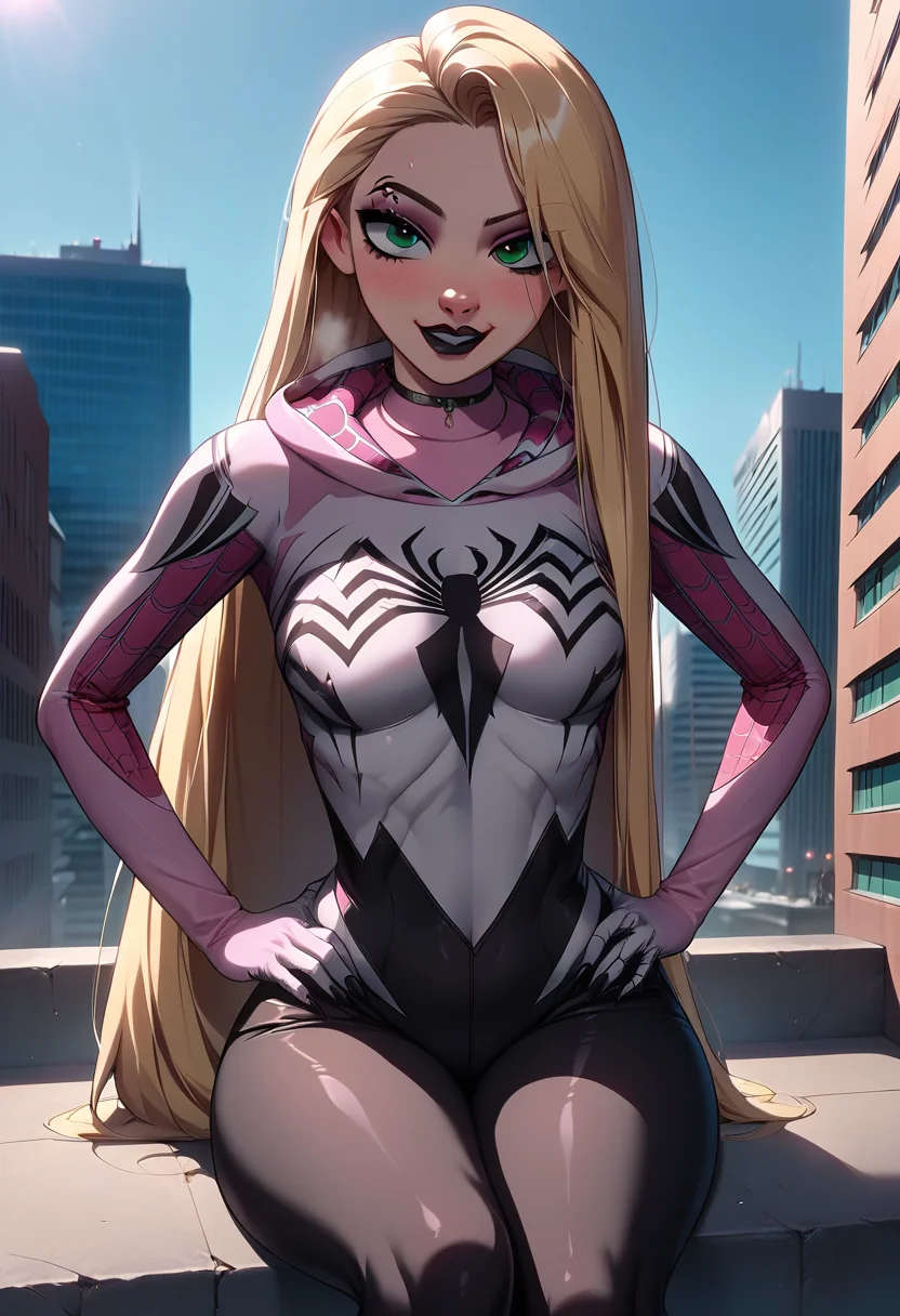 score_9, score_8_up, score_7_up,score_6_up, source_anime, g4n1m3, city, rooftop, cinematic light, <lora:g4n1m3XLP:1>
BREAK
1girl,gwenom, hooded bodysuit, hood up, superhero, spider web print, hood,rapunzel \(disney\), blonde hair, goth girl, black lipstick,sitting, breasts, in heat, claws, toned,thick thighs,looking at viewer, symbiote,hands on own hips, <lora:gwenom-08:0.75>