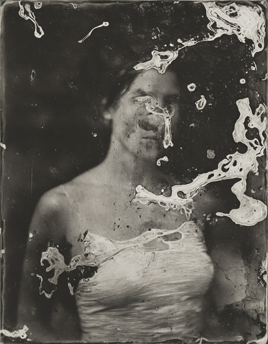 wetplatecollodion photo of woman wearing bodycon dress,
border, swirls, washed out, textured, smears, muted colors