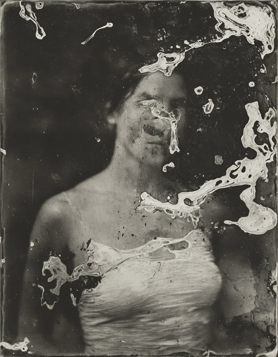 wetplatecollodion photo of woman wearing bodycon dress,
border, swirls, washed out, textured, smears, muted colors