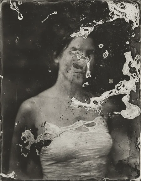 wetplatecollodion photo of woman wearing bodycon dress,
border, swirls, washed out, textured, smears, muted colors