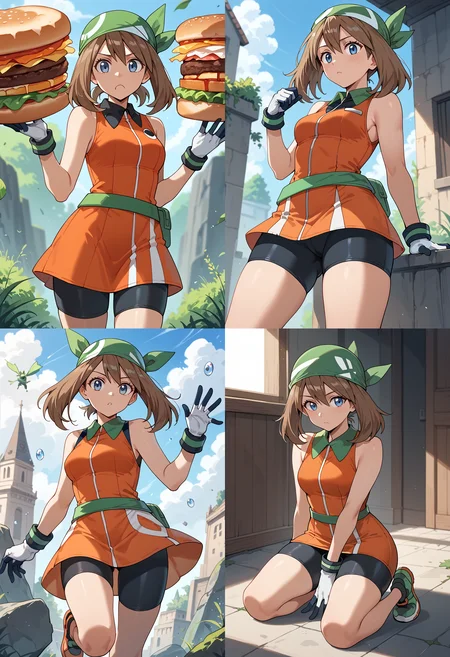 __femalePosesWildcard400_v10/female-poses__,  <lora:MayRSEPony-10:1> May_Esm, brown hair, long hair, hair between eyes, medium hair, blue eyes, green bandana, orange dress, short dress, sleeveless dress, collared dress, bike shorts, black shorts, gloves, white gloves,, score_9, score_8_up, score_7_up, score_6_up, score_5_up, score_4_up,