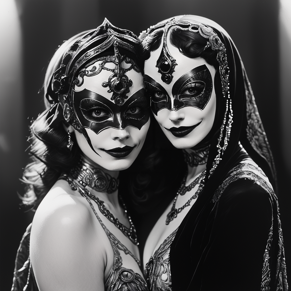 core_9, score_8_up, score_7_up, score_6_up, <lora:20s_Silent_MoviePo:1> ArsMovieStill, 20s Silent Movie Still, Black and White, The image is a black and white photograph of two women wearing elaborate masks. The woman on the left is wearing a headpiece with intricate designs and patterns while the woman in the middle has her face painted with a dramatic and ornate design. Both women have dark makeup and are wearing elaborate necklaces and earrings. The background is blurred making the masks the focal point of the image. The women are standing close together with their arms around each other and their faces are slightly tilted to the side. The overall mood of the photograph is dark and mysterious., monochrome, greyscale, 2girls, multiple girls, looking at viewer, jewelry, makeup, choker, long hair, smile