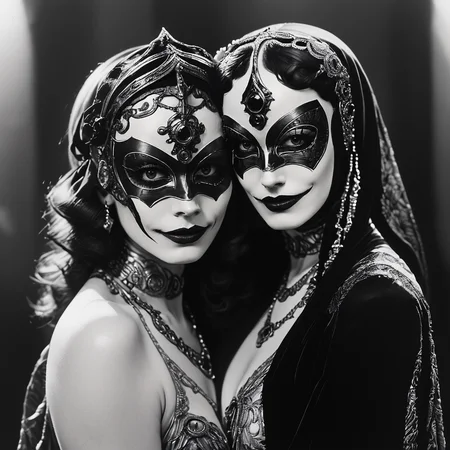 core_9, score_8_up, score_7_up, score_6_up, <lora:20s_Silent_MoviePo:1> ArsMovieStill, 20s Silent Movie Still, Black and White, The image is a black and white photograph of two women wearing elaborate masks. The woman on the left is wearing a headpiece with intricate designs and patterns while the woman in the middle has her face painted with a dramatic and ornate design. Both women have dark makeup and are wearing elaborate necklaces and earrings. The background is blurred making the masks the focal point of the image. The women are standing close together with their arms around each other and their faces are slightly tilted to the side. The overall mood of the photograph is dark and mysterious., monochrome, greyscale, 2girls, multiple girls, looking at viewer, jewelry, makeup, choker, long hair, smile