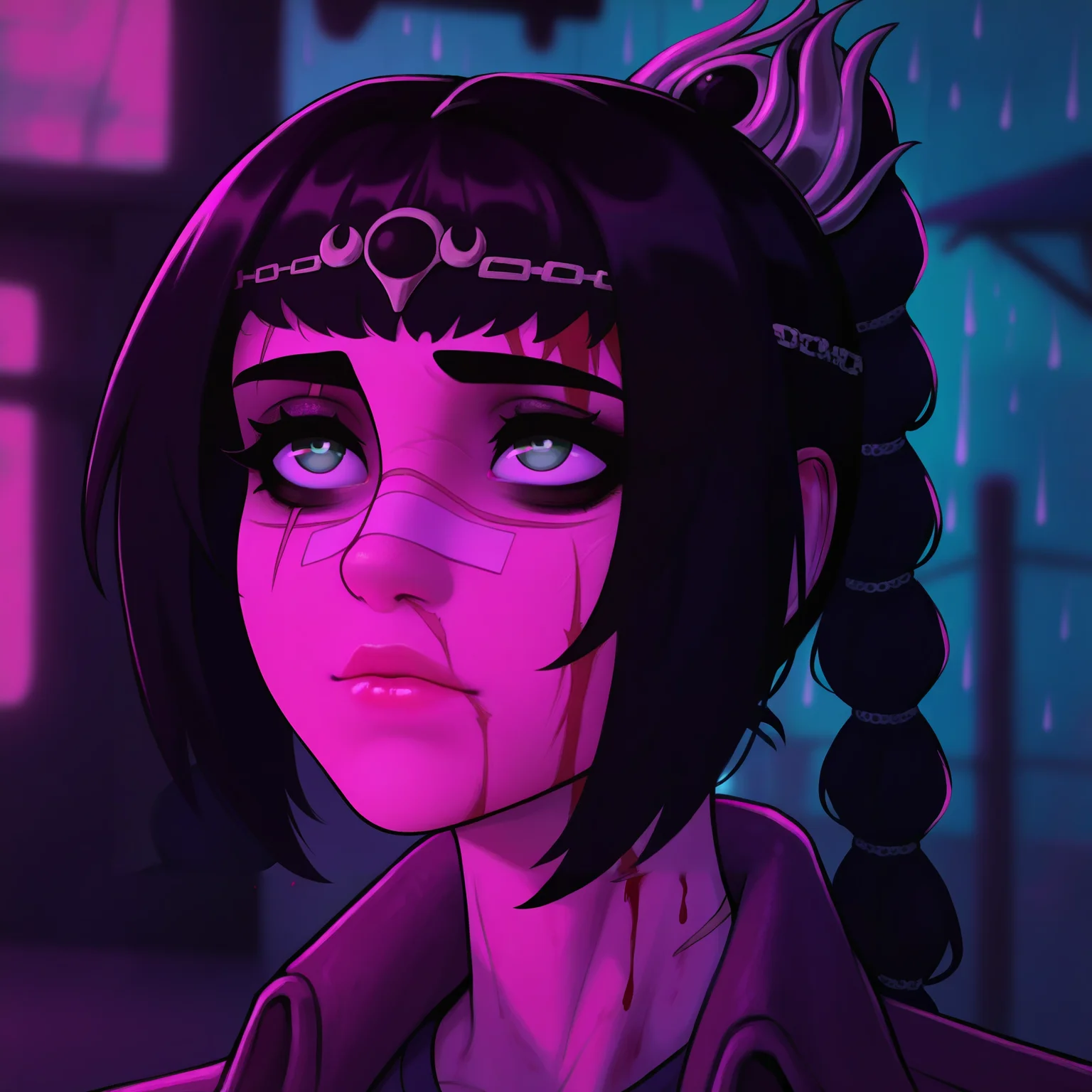 best quality, amazing quality, very aesthetic, absurdres,
1girl, shadowheart, black hair, braided ponytail, green eyes, scar on face, circlet, jacket,
portrait, blood on face, bandaid on nose,blurry background, pink lighting, night, dark, pink theme, rain <lora:YouLookLonelyIllustriousXL_byKonan:1> <lora:ShadowHeartIllustrious_byKonan:1>