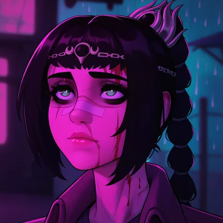 best quality, amazing quality, very aesthetic, absurdres,
1girl, shadowheart, black hair, braided ponytail, green eyes, scar on face, circlet, jacket,
portrait, blood on face, bandaid on nose,blurry background, pink lighting, night, dark, pink theme, rain <lora:YouLookLonelyIllustriousXL_byKonan:1> <lora:ShadowHeartIllustrious_byKonan:1>