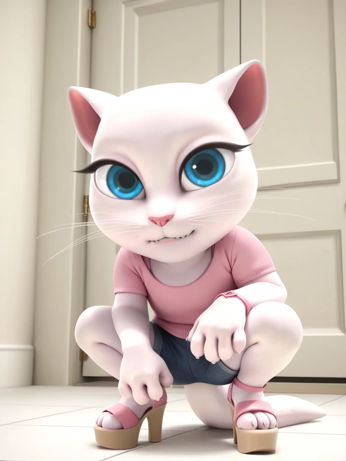<lora:angelaIL:0.9> a_la, 1girl, cat, white fur, long whiskers on each side of face, large brilliant blue eyes, large black eyelashes, small pink nose, fluffy, triangular ears with pink canals, fluffy tail,
looking at viewer, squatting, front view, spreading legs, platform high heels