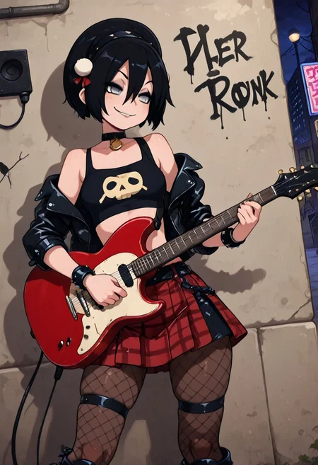 masterpiece, best quality, 1girl, solo, eyelashes, (beautiful eyes),
zzToph, grey eyes, blind, hair between eyes, short hair, black hair,
black leather jacket, ripped fishnet tights, plaid skirt, heavy eyeliner, punk boots, graffiti-covered alley, neon lights, microphone, electric guitar, rebellious smirk, confident stance a Under the flickering neon glow, Civchan grips the microphone, her voice cutting through the roar of the underground punk scene. A studded leather jacket hangs off her shoulders, her plaid skirt sways as she leans into the music, and her ripped fishnet tights reveal hints of skindentation. Behind her, a wall of graffiti adds to the chaotic energy, spray-painted slogans of rebellion blending into the electric atmosphere of the night. (cowboy shot, dynamic pose, foreshortening:1.1),
(playing guitar:1.3),