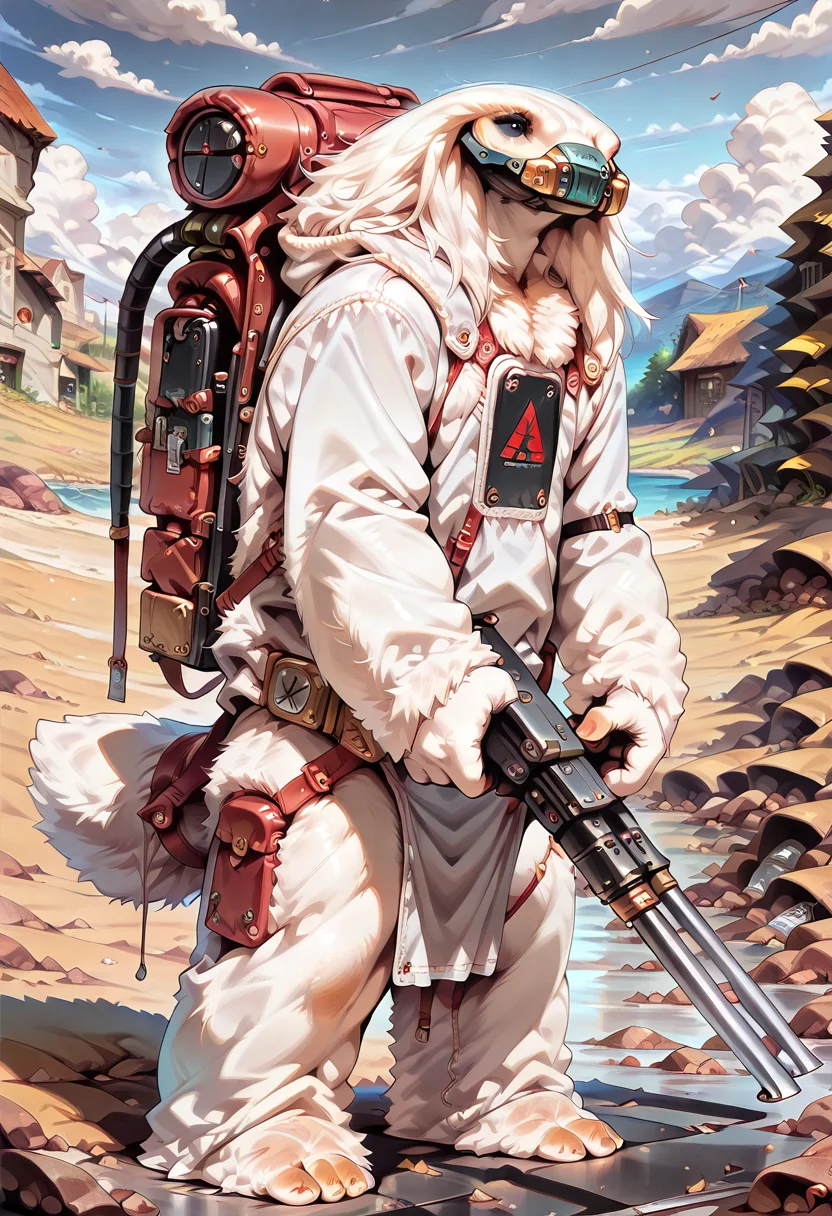 , ,masterpiece, 2d, very detailed, (best quality:1.4), amazing quality, very aesthetic, alien, MoroffSW, solo, standing, holding weapon, tech backpack, white fur, fluffy body, fluffy, facemask, black eyes, no ears ,