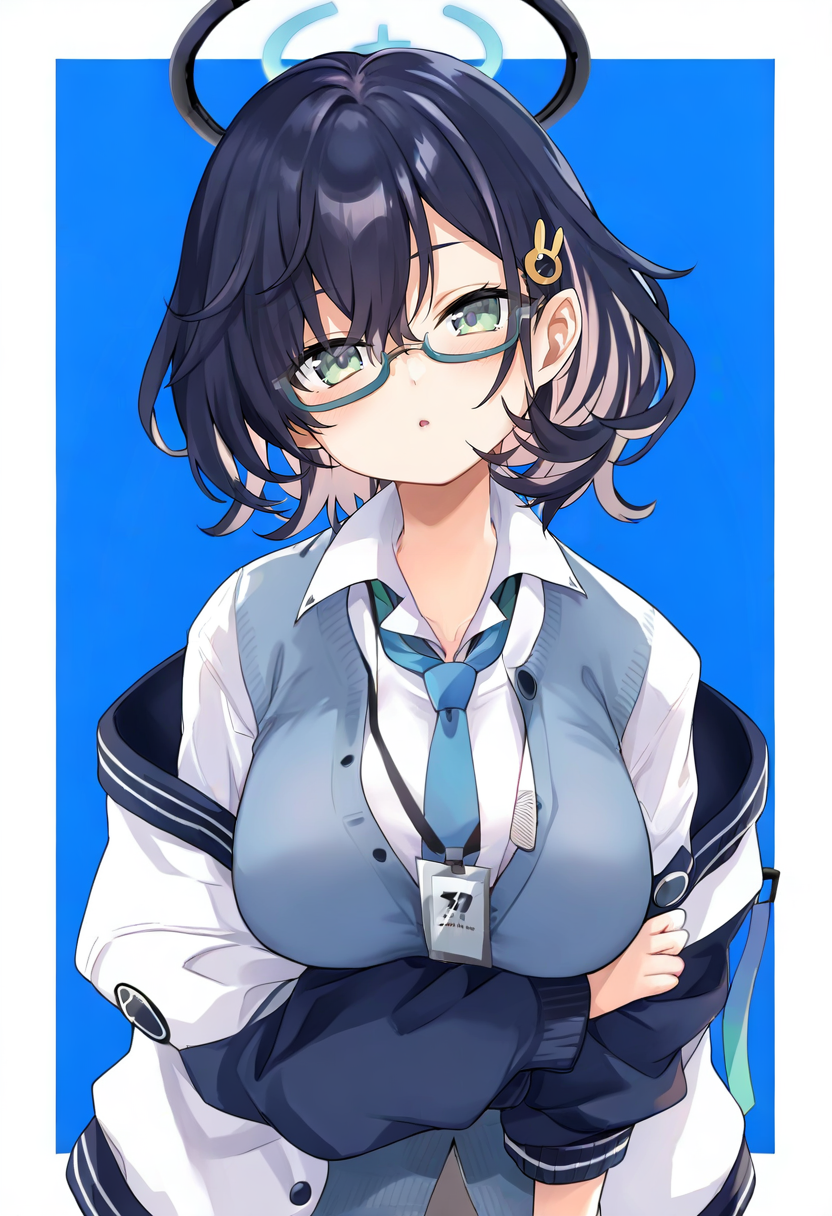 1girl,chihiro \(blue archive\),blue archive,aqua-framed eyewear,blue background,blue cardigan,blue hair,blue halo,blue jacket,blue necktie,blush,border,breasts,cardigan,collared shirt,glasses,hair between eyes,hair ornament,halo,holding own arm,id card,jacket,large breasts,long sleeves,looking at viewer,multicolored clothes,multicolored jacket,necktie,open clothes,open jacket,parted lips,rabbit hair ornament,semi-rimless eyewear,shirt,short hair,simple background,solo,under-rim eyewear,upper body,white border,white jacket,white shirt,outside border,off shoulder,two-tone jacket,green eyes,rectangular eyewear,black jacket,semi-circular eyewear,open collar <lora:kedamaMilkXL_NBVP1_lokr_V6311PZ:0.95>