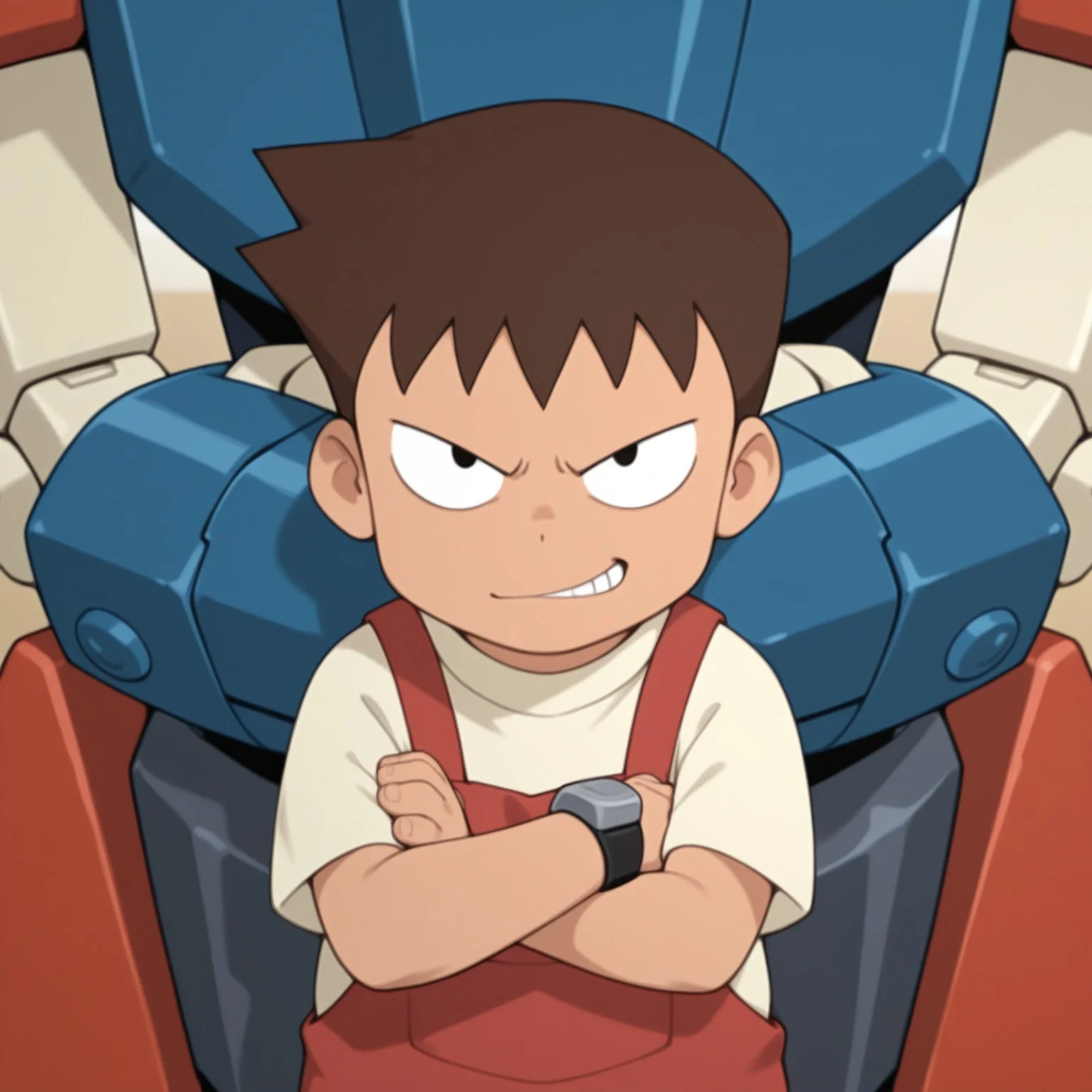 amazing quality, colorful, masterpiece, best quality, detailed background, dot eyes, BREAK <lora:ginkai-v1-10:1> m-gchi, 1boy, plump, young, (light dark skin:0.5), white t-shirt, red overalls, black watch, BREAK medarot, 2others, robot, duo focus, straight-on, crossed arms, smirk, perfect hands, best quality, chubby, fat, plump