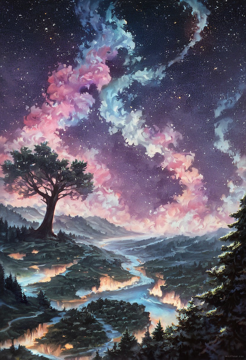 score_9, score_8_up, score_7_up, (detailed trees), detailed landscape, beautiful stars view, bright stars, anime landscape, close shot, cliff, crooked trees, (night), brutal waves, beautiful oil matte painting, epic, style of thomas kinkade, beautiful digital painting, epic painting, dreamlike digital painting, colorful painting