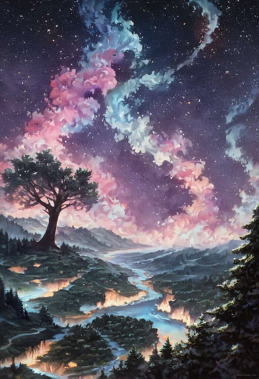 score_9, score_8_up, score_7_up, (detailed trees), detailed landscape, beautiful stars view, bright stars, anime landscape, close shot, cliff, crooked trees, (night), brutal waves, beautiful oil matte painting, epic, style of thomas kinkade, beautiful digital painting, epic painting, dreamlike digital painting, colorful painting