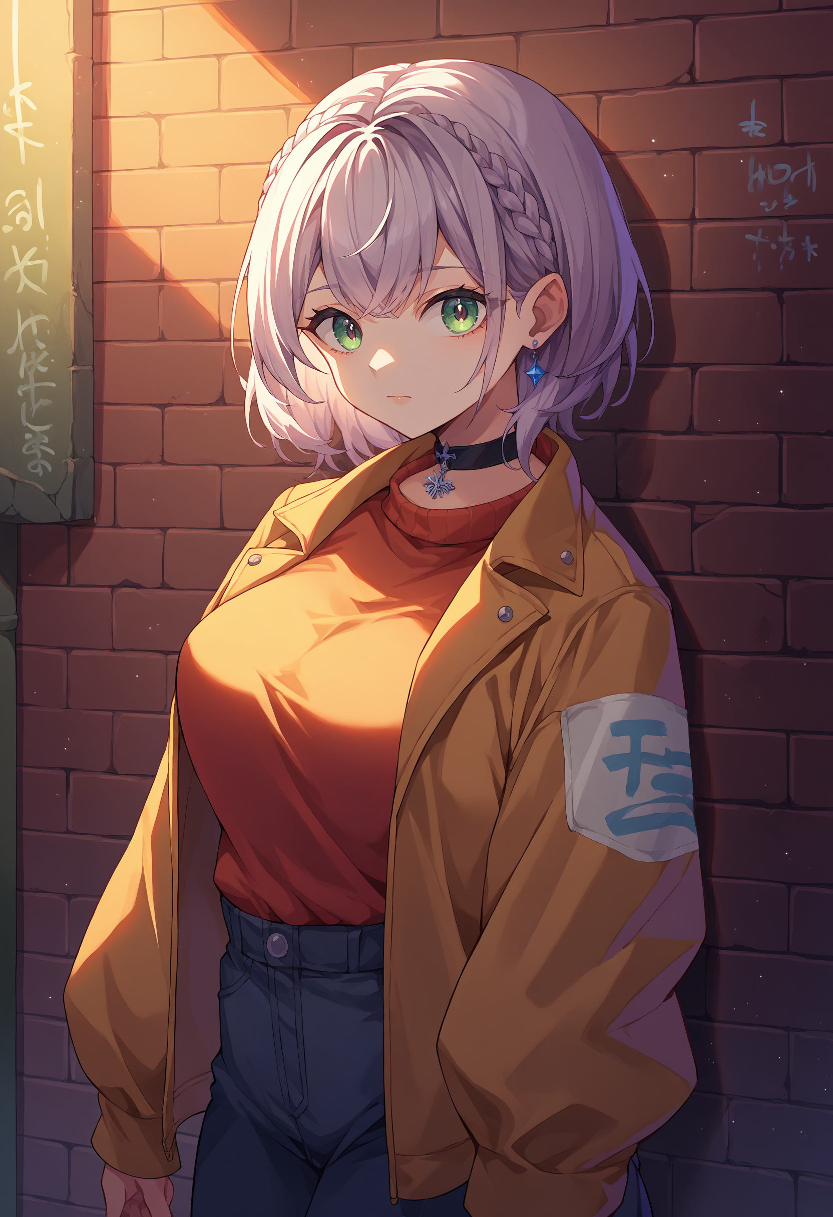 score_9, score_8_up, source_anime, 1girl, solo, ShiroganeNoel, medium hair, braid, earrings, sharp eyes, choker, neon shirt, open jacket, turtleneck sweater, night, leaning against wall, brick wall, graffiti, dim lighting, alley, looking at viewer, <lora:ChamShiroganeNoelPonyXL:1>