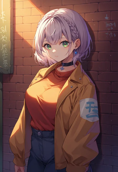 score_9, score_8_up, source_anime, 1girl, solo, ShiroganeNoel, medium hair, braid, earrings, sharp eyes, choker, neon shirt, open jacket, turtleneck sweater, night, leaning against wall, brick wall, graffiti, dim lighting, alley, looking at viewer, <lora:ChamShiroganeNoelPonyXL:1>