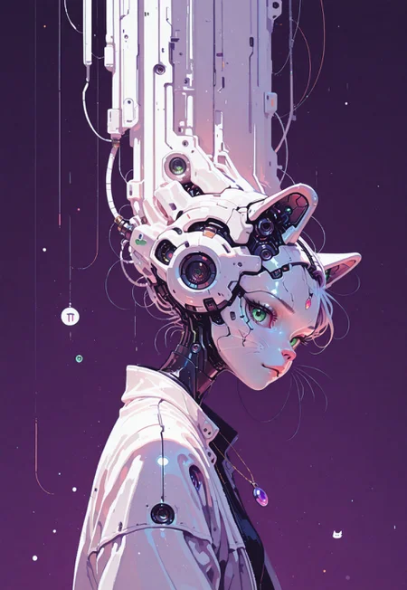 masterpiece, best quality, newest, highres, absurdres,focused subject,no lineart, no outline,indigo background, 1girl, cat girl, solo, green eyes, looking at viewer, animal ears, jewelry, necklace, animal, gem, whiskers, realistic, photo \(medium\), film grain, cyberpunk, robot, alien, upper body, upside down,falling,from side, white theme, in the style of cknc, Flatline, wat