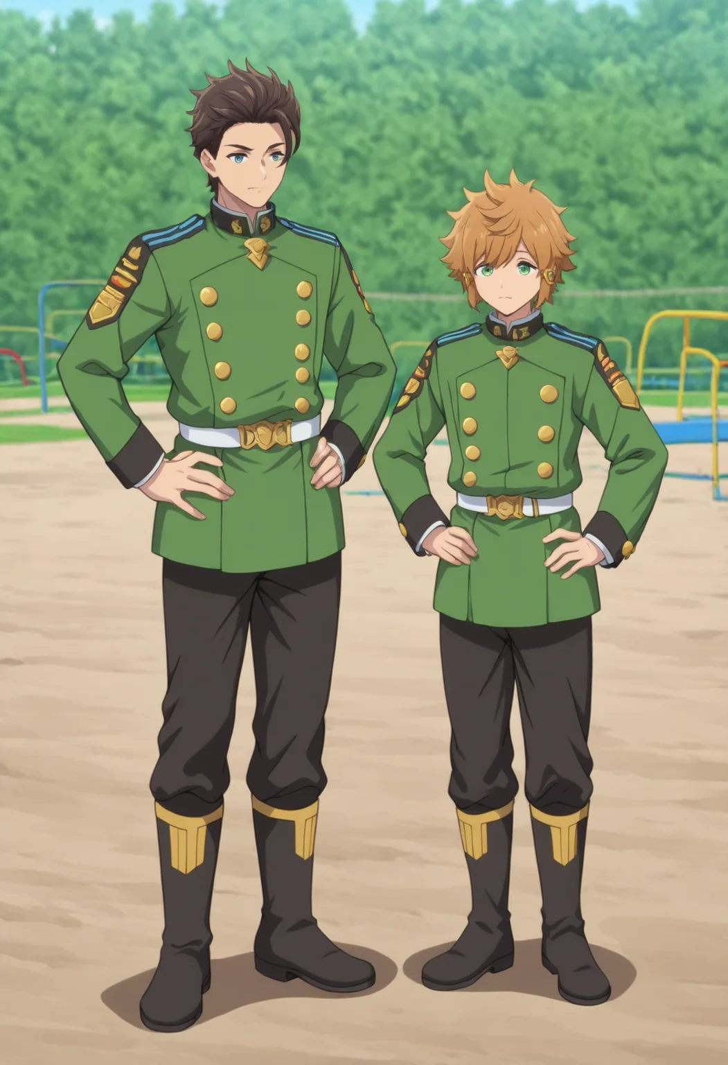 masterpiece,best quality,newest,absurdres,highres,closed mouth,standing,jacket,male focus,boots,multiple boys,pants,belt,2boys,black footwear,uniform,hand on own hip,black pants,military uniform,green jacket,hands on own hips,(height difference:0.5),white belt,lloyd belladonna,allan lidocaine,<lora:lasdanV2_noob:0.9>,outdoors,playground,