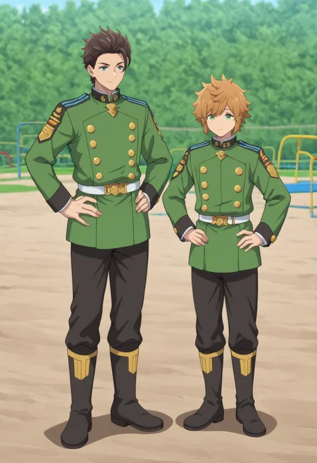 masterpiece,best quality,newest,absurdres,highres,closed mouth,standing,jacket,male focus,boots,multiple boys,pants,belt,2boys,black footwear,uniform,hand on own hip,black pants,military uniform,green jacket,hands on own hips,(height difference:0.5),white belt,lloyd belladonna,allan lidocaine,<lora:lasdanV2_noob:0.9>,outdoors,playground,