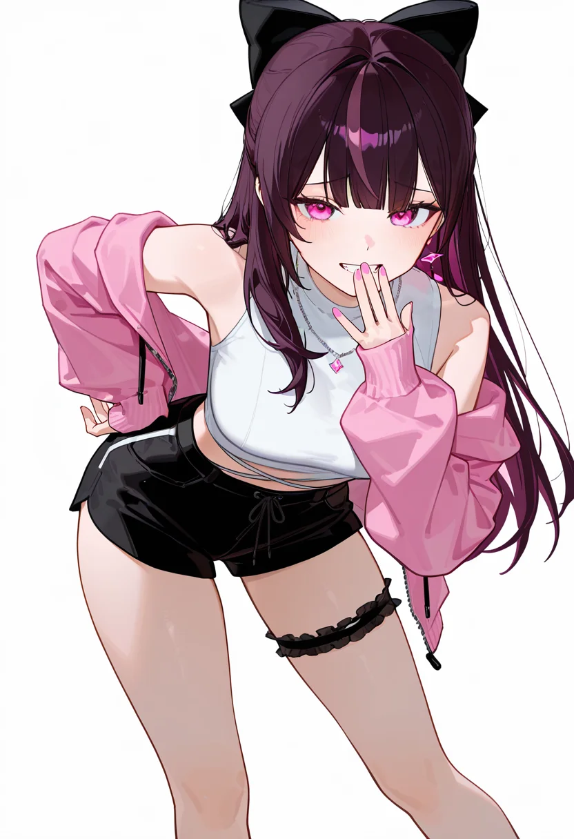 masterpiece, best quality, amazing quality, very aesthetic, perfect hands, 1girl, [healthyman, mameojitan, wanke], [[[ciloranko]]], BCRuru, pink eyes, dark purple hair, long hair, purple streaked hair, hair bow, black bow, bangs, pink earrings, single earring, jewelry, white crop top, sleeveless, bare shoulders, pink jacket, jacket partially removed, black shorts, frilled thigh strap, black thigh strap, necklace, simple background, white background, from front, cowboy shot, standing, (((legs apart, contrapposto, leaning forward, hand to own mouth, hand on own hip, hand up, open hands))), sleeves past wrists, looking at viewer, raised inner eyebrows, grin, fang, pink nails