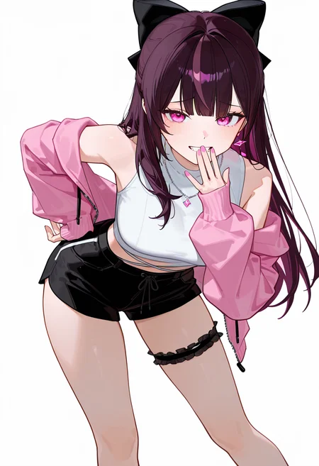 masterpiece, best quality, amazing quality, very aesthetic, perfect hands, 1girl, [healthyman, mameojitan, wanke], [[[ciloranko]]], BCRuru, pink eyes, dark purple hair, long hair, purple streaked hair, hair bow, black bow, bangs, pink earrings, single earring, jewelry, white crop top, sleeveless, bare shoulders, pink jacket, jacket partially removed, black shorts, frilled thigh strap, black thigh strap, necklace, simple background, white background, from front, cowboy shot, standing, (((legs apart, contrapposto, leaning forward, hand to own mouth, hand on own hip, hand up, open hands))), sleeves past wrists, looking at viewer, raised inner eyebrows, grin, fang, pink nails