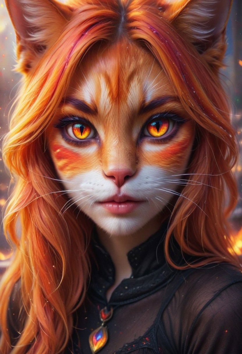 cute anthro cat girl,  fire bright  rainbowiridal cat eyes , cat moustache, intense gaze,