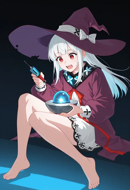 ((dumb_witch, barefoot, uncovered_legs, red_eyes, white_long_hair, hime_cut, witch_clothes, purple_witch_hat, huge_hat, purple_robe, puffy_long_sleeves, white_dress, dress_under_robe, clothes_decorations, red_ribbon)):1.3),
(1girl, solo, happy, mouth, open teeth, dumb face),
((demon_core, meme_demon_core, meme, single screwdriver, holding screwdriver, screwdriver inside demon_core, blue light, blue radiation, ):1.3),
(score_9, score_8_up, score_7_up, score_6_up, masterpiece, best quality, newest, amazing quality, highres, enhanced colors, colored shadows, smooth edges, dynamic angle, wide shot, blending)