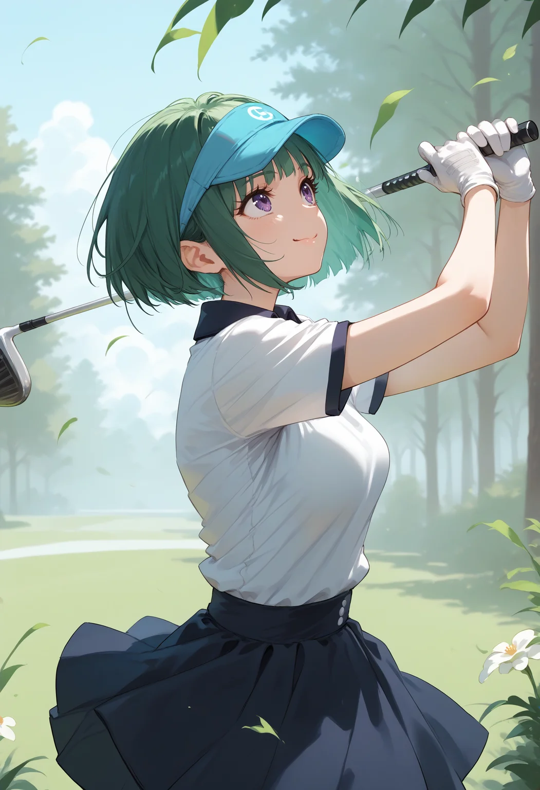score_9, score_8_up, score_7_up, source_anime,
1girl,solo,medium breasts,
golf,golf club,gloves,shirt,skirt,visor cap,outdoors,day <lora:golf_Pony_v1:0.8>
from side, portrait, looking up, green hair, purple eyes,laugh, closed mouth, bowl cut hair,,