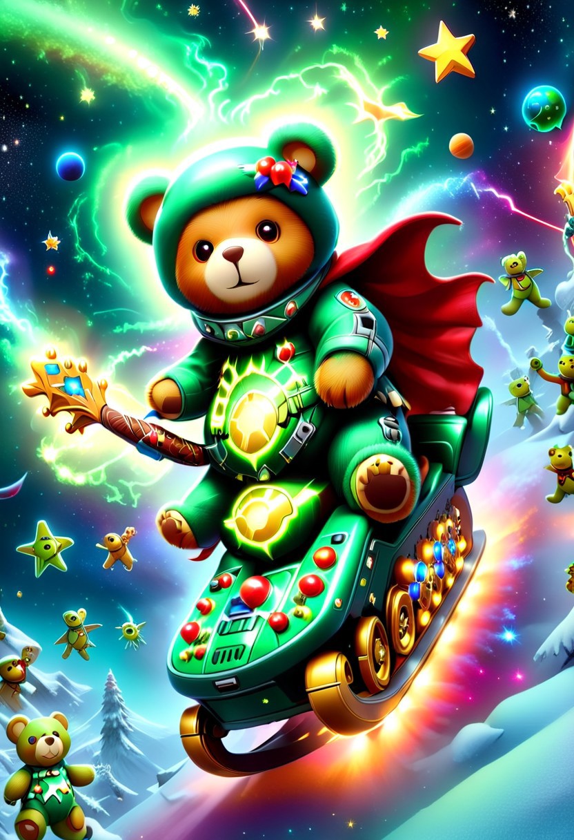 xmastedx,Festive,
(masterpiece, best quality:1.2), teddy bears' intergalactic holiday, spaceship sleigh, electric guitars with neon lights, parade of teddy bears in space suits, planets and stars as the backdrop, teddy bears playing guitars that produce laser - like sound waves, the sleigh flying through a nebula, alien creatures joining the celebration, teddy bears dancing with little green men, a sense of adventure and holiday joy in the vast universe.