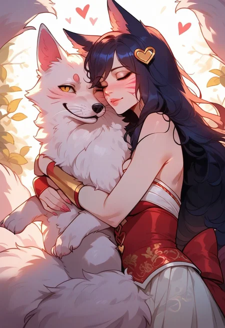 score_9, score_8_up, score_7_up, score_6_up, <lora:p3tl0v3XLP:1> p3tl0v3, 1girl, ahri, , hugging a white fox,