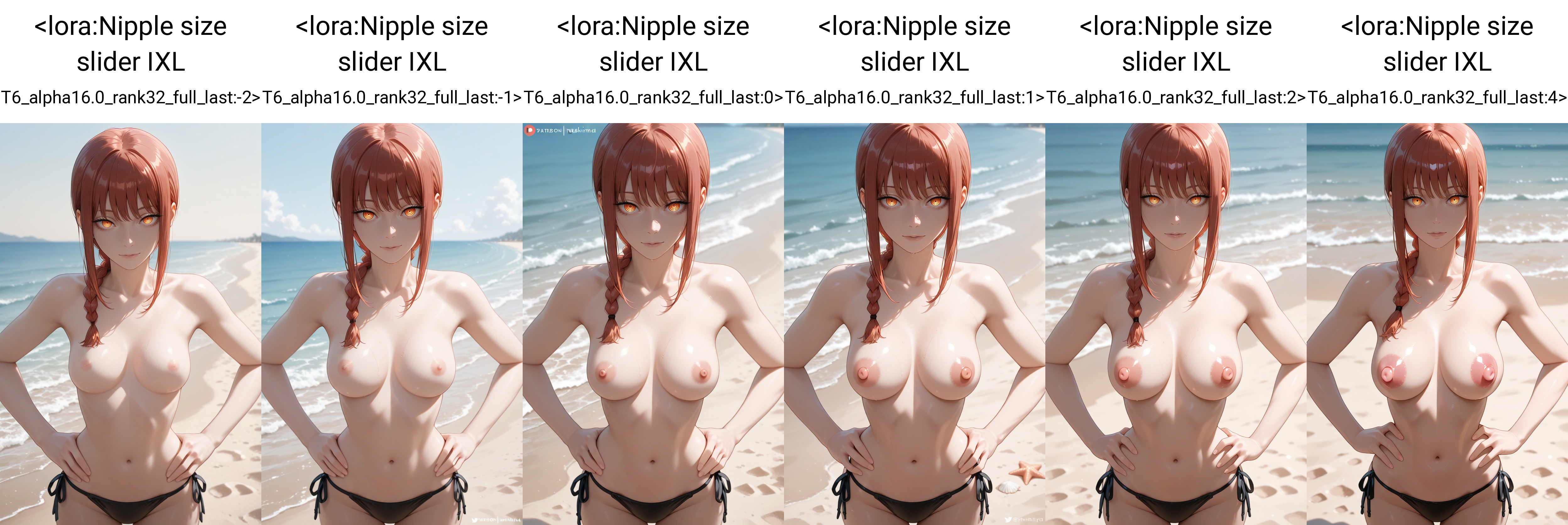 masterpiece, best quality, 1girl, nipples, straight-on, makima \(chainsaw man\), looking at viewer, beach, topless, side-tie bikini bottom, hands on own hips, medium breasts  <lora:Nipple size slider IXL T6_alpha16.0_rank32_full_last:-2>