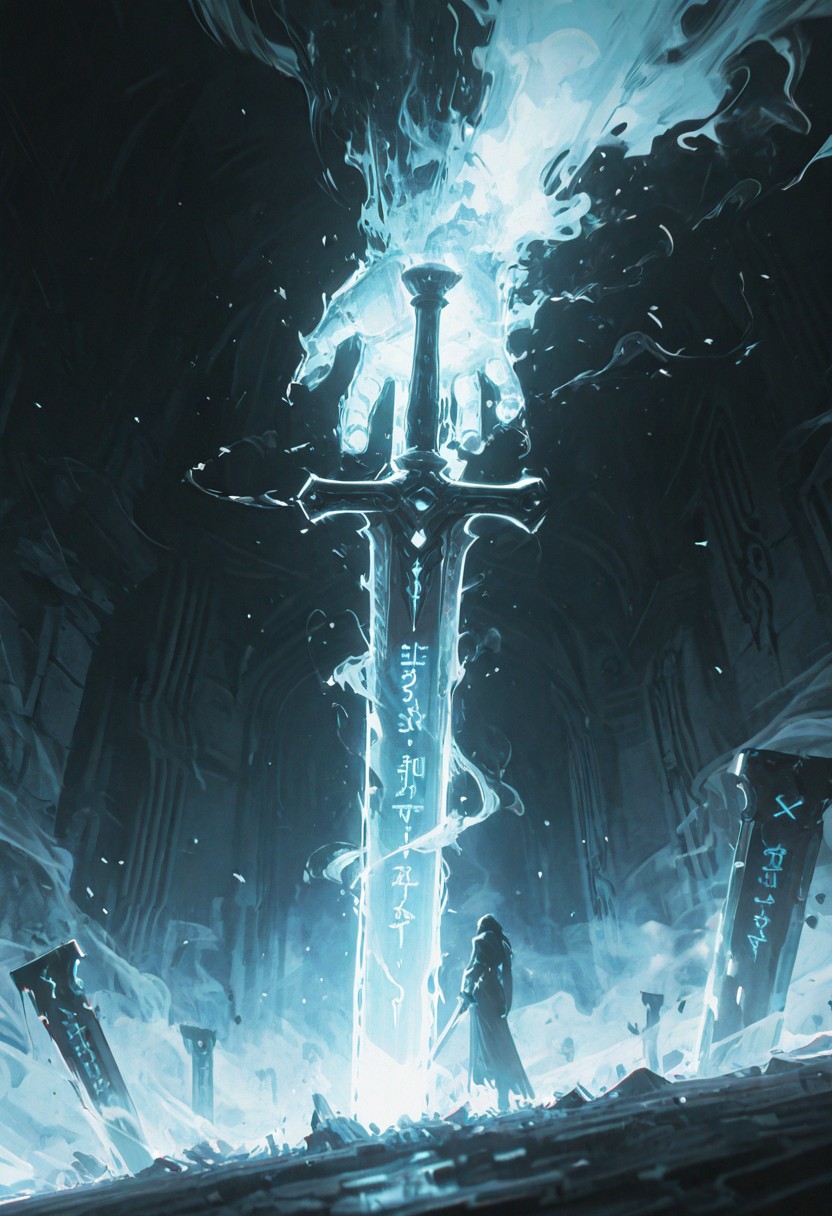 dynamic angle, unusual angle, dynamic, dynamic composition,
In the dim, flickering light, a shadowy figure emerges, its presence cloaked in an air of mystery. Slowly, it reaches out toward the hilt of the shattered runic sword, its movements deliberate yet hesitant. The ancient engravings on the hilt begin to pulse faintly, glowing like a dying ember, their light casting eerie shadows across the figure’s outstretched hand. The closer it gets, the air grows colder, heavy with an otherworldly presence. From the jagged break in the blade, spectral wisps begin to unfurl, curling and twisting like smoke, their forms coalescing into ghostly faces etched with agony. Whispers fill the air—soft at first, but rising into a cacophony of tormented wails. The figure’s hand trembles as its fingers hover just above the hilt, as though sensing the weight of the cursed power it is about to claim. Finally, with a sharp intake of breath, the hand closes around the sword. The runes ignite with a blinding light, and the escaping souls recoil, writhing in both fear and fury.