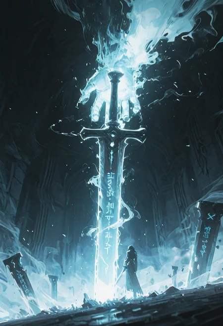 dynamic angle, unusual angle, dynamic, dynamic composition,
In the dim, flickering light, a shadowy figure emerges, its presence cloaked in an air of mystery. Slowly, it reaches out toward the hilt of the shattered runic sword, its movements deliberate yet hesitant. The ancient engravings on the hilt begin to pulse faintly, glowing like a dying ember, their light casting eerie shadows across the figure’s outstretched hand. The closer it gets, the air grows colder, heavy with an otherworldly presence. From the jagged break in the blade, spectral wisps begin to unfurl, curling and twisting like smoke, their forms coalescing into ghostly faces etched with agony. Whispers fill the air—soft at first, but rising into a cacophony of tormented wails. The figure’s hand trembles as its fingers hover just above the hilt, as though sensing the weight of the cursed power it is about to claim. Finally, with a sharp intake of breath, the hand closes around the sword. The runes ignite with a blinding light, and the escaping souls recoil, writhing in both fear and fury.