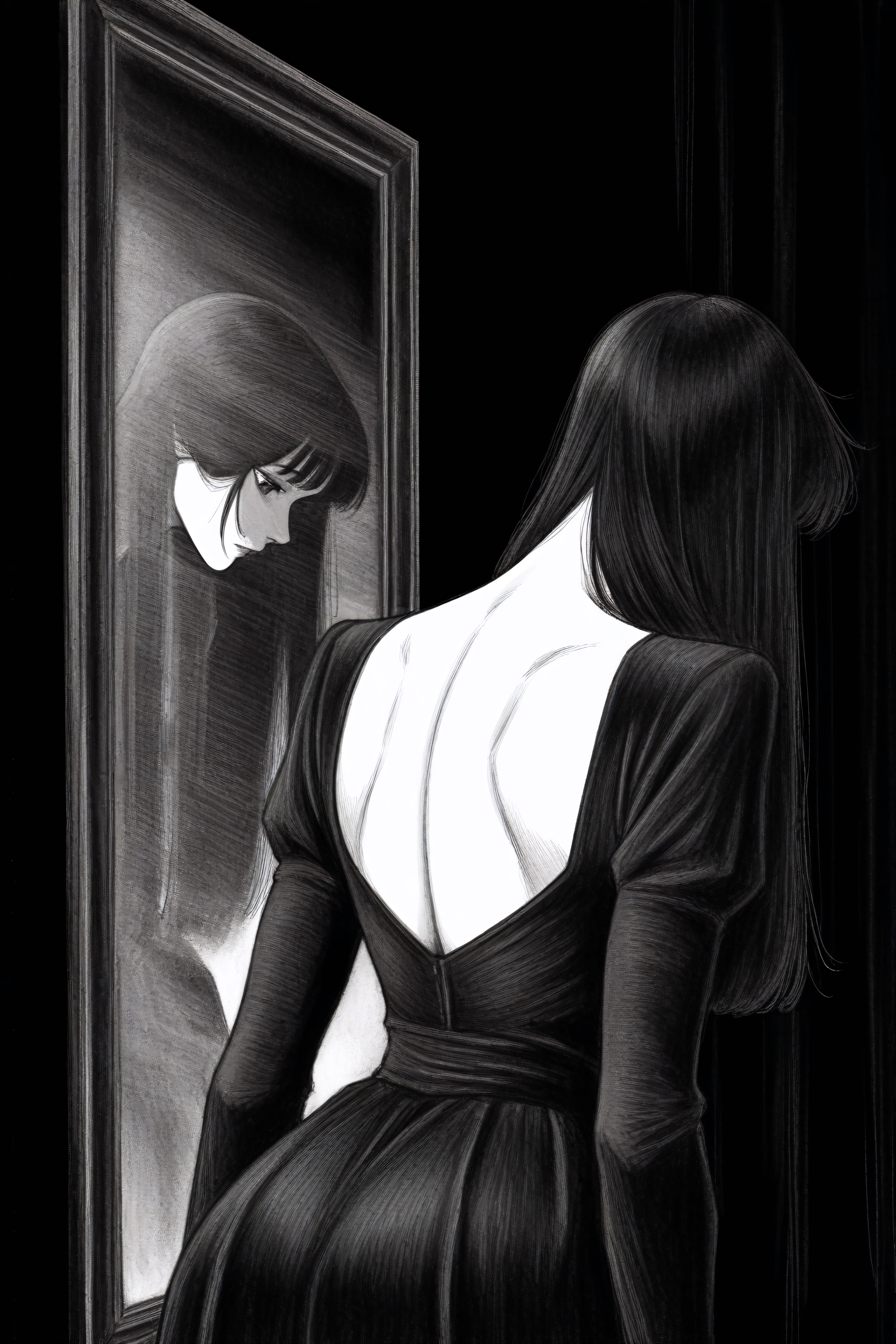 (masterpiece,best quality),<lora:tp1p1ptStyle-Illustrious-lora-Faxtron:1> tp_p_pt, monochrome, greyscale, highres, 1girl, bent_back, black_background, black_dress, different_reflection, dress, long_hair, looking_at_reflection, looking_down, reflection, solo,