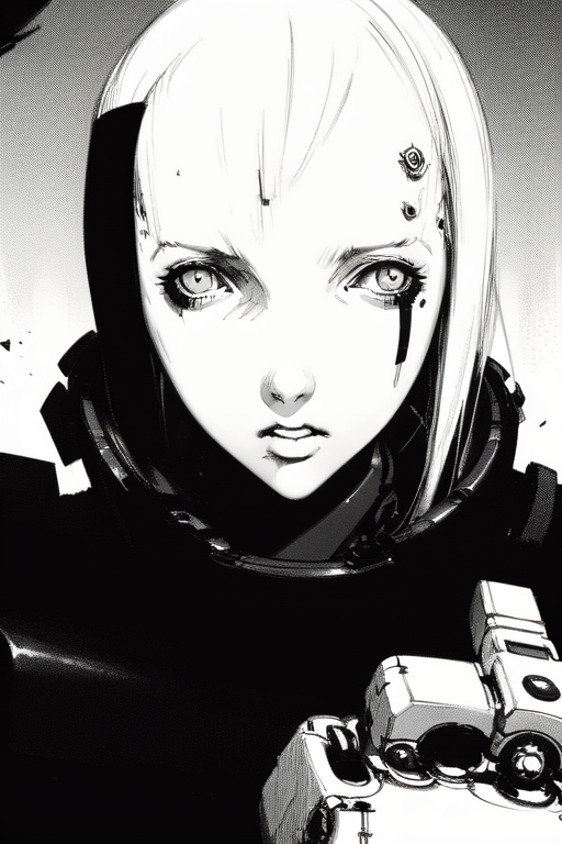 <lora:blame5:1>, cyborg girl portrait, dim light, ((heavy black and white))