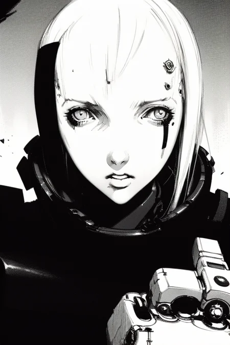 <lora:blame5:1>, cyborg girl portrait, dim light, ((heavy black and white))