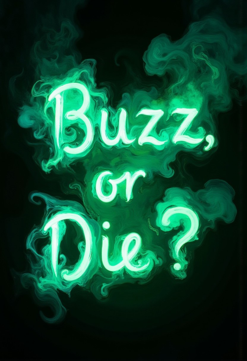 A painting of a phrase comprised of green neon smoke, which reads in attractive artisanal cursive, "Buzz or Die?"