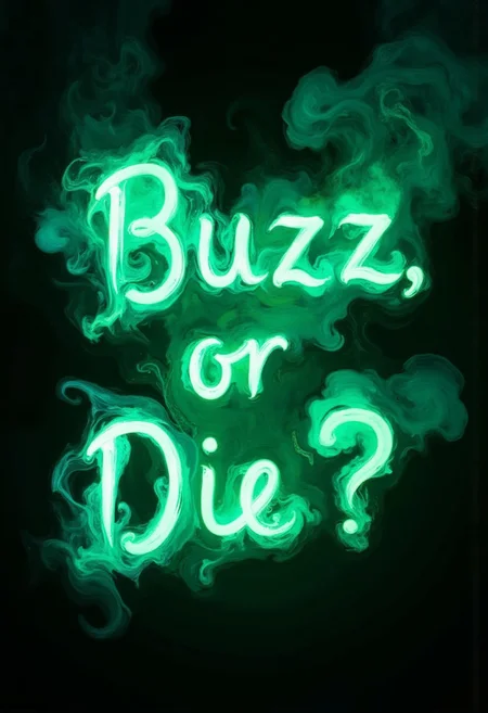 A painting of a phrase comprised of green neon smoke, which reads in attractive artisanal cursive, "Buzz or Die?"