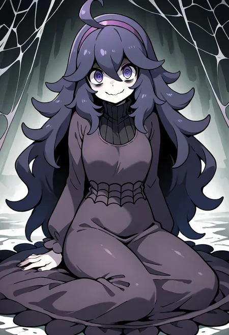 masterpiece, best quality, 1girl, solo, eyelashes, (beautiful eyes),   
hex maniac (pokemon), nintendo, pokemon, pokemon xy, highres, 1girl, @ @, bags under eyes, closed mouth, colored skin, dress, hair between eyes, hairband, long dress, long hair, long sleeves, looking at viewer, messy hair, purple dress, purple eyes, purple hair, purple hairband, sitting, smile, solo, spider web print, wavy mouth, white skin, yokozuwari, upper body,